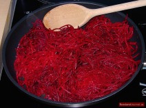 Preheat a frying pan and add lard, bacon or butter. Add beets and sauté for about 10-15 minutes.