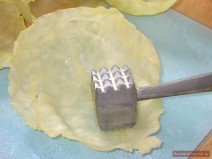 Carefully pull off large leaves without breaking them and beat flat with flat side of meat mallet.