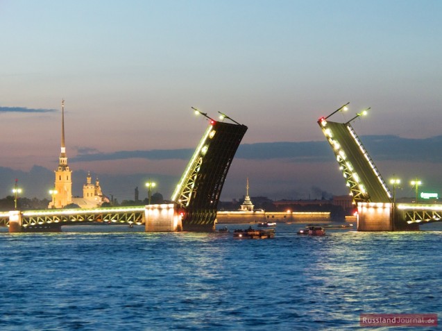 The Palace Bridge and Peter and Paul Fortress in the magic light of the White Nights