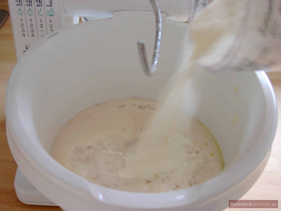 Gradually add oil, water, salt and flour mixing well until soft and smooth dough is formed. The dough shouldn’t get too dry as this makes pierogi also dry. Cover dough with a dishtowel and let it rest in a warm place for about 2 hours.