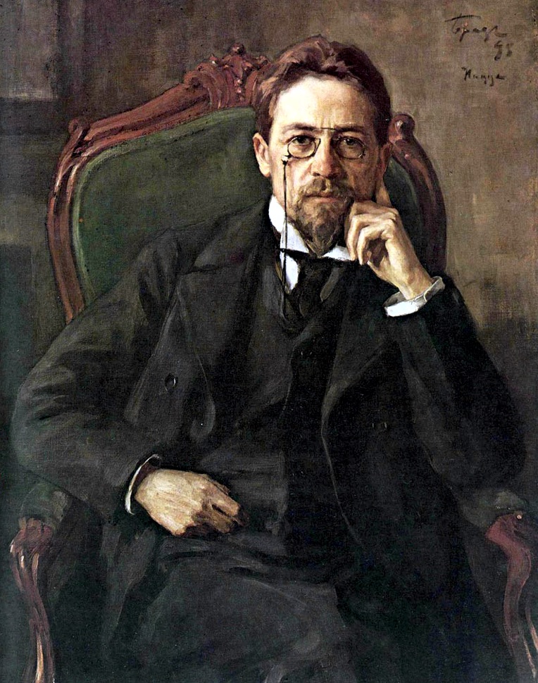 Porträt von Anton Pawlowitsch Tschechow im schwarzen Anzug sitzend auf den grünen Sessel
