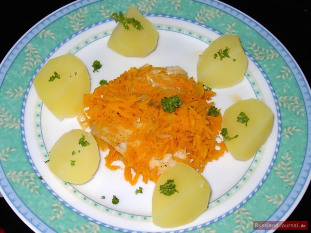 Fisch mit Karotten und Zwiebel