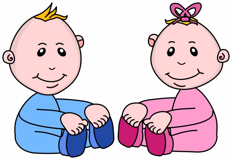 Zwei sitzende Babys: Junge in blau und Mädchen in rosa