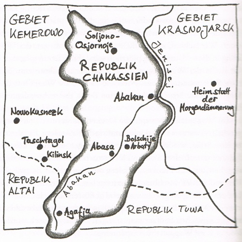 Karte von Sibirien mit Stationen der Reise in diesem Gebiet aus dem Buch "Mein russisches Abenteuer" von Jens Mühling