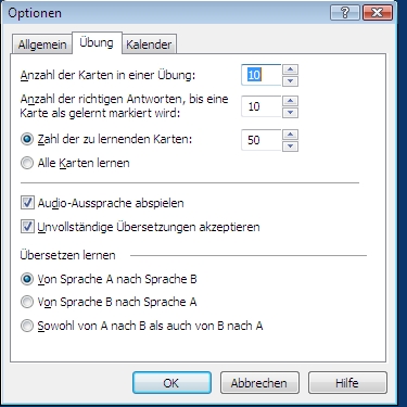 Optionen beim Vokabeltrainer Tutor im ABBYY Lingvo Wörterbuch x3