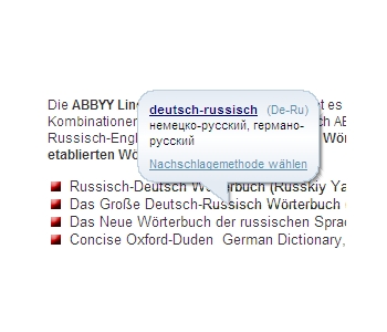 Pop-Up Übersetzung im Webbrowser im ABBYY Lingvo Wörterbuch x3