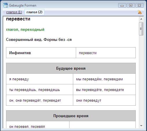 Konjugation des russischen Verbs für übersetzen im ABBYY Lingvo Wörterbuch x3