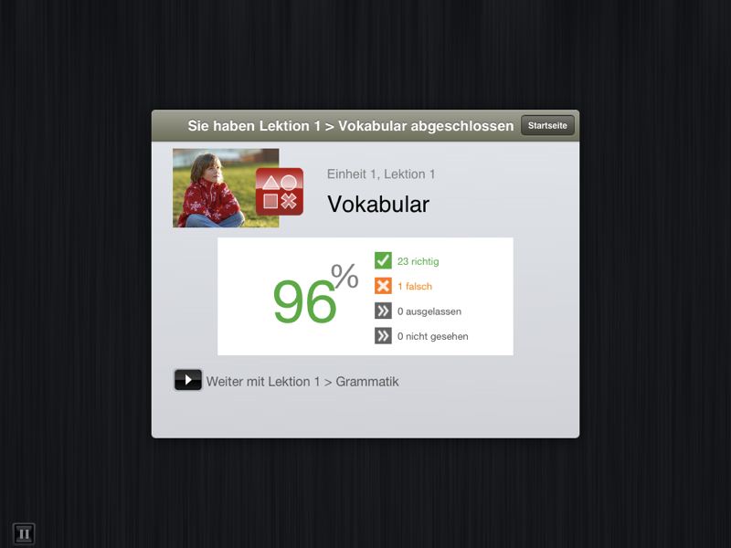 Ergebnisse "Sie haben Lektion 1 Vokabular abgeschlossen" bei iPad-App Rosetta Course Russisch