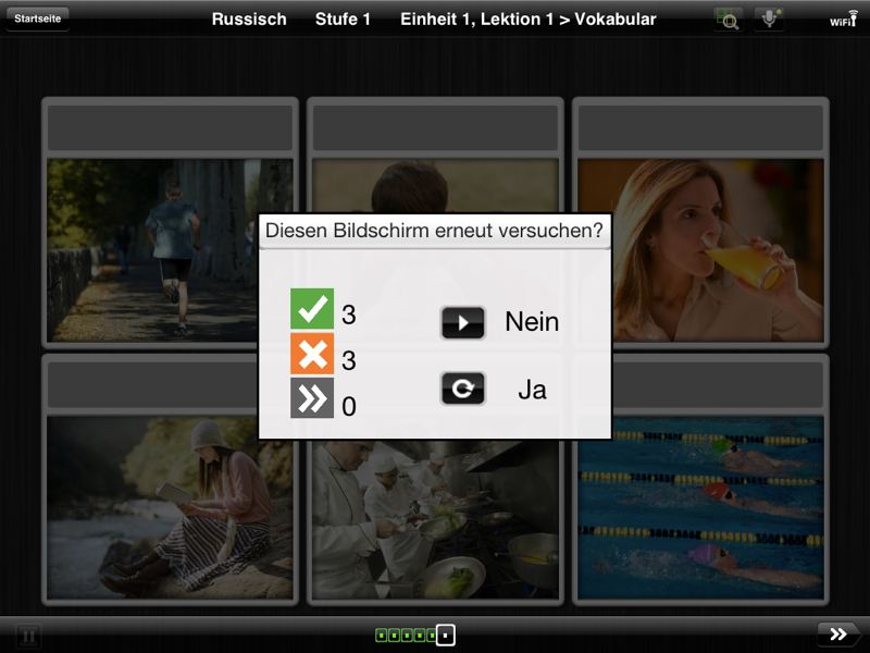 Ergebnis-Fenster "Diesen Bildschirm erneut versuchen?" bei iPad-App Rosetta Course Russisch
