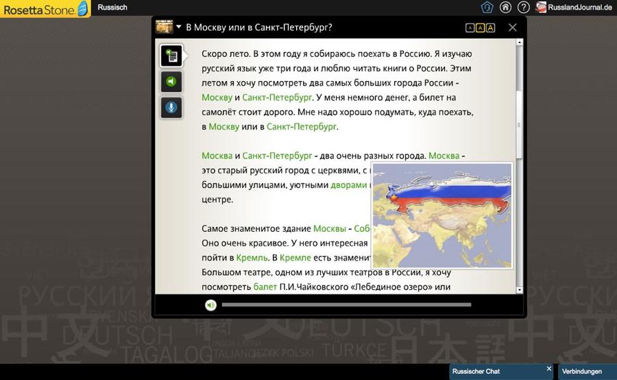 Russischer Text mit grün markierten Wörtern und einer Landkarte im Explore von Rosetta Stone Russisch TOTALe
