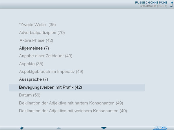 Übersichtsseite mit Grammatik-Themen bei Assimil Russisch