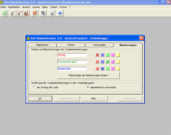 Farben und Bezeichnungen der Vokabelmarkierungen in den Einstellungen bei WinLernen Vokabeltrainer Russisch 3.0