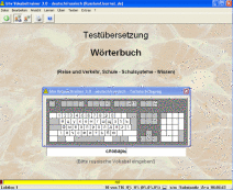 Testübersetzung bei WinLernen Vokabeltrainer Russisch 3.0: Das Wort "Wörterbuch", eingeblendete russische Tastatur, eingetippte Übersetzung "словарь"