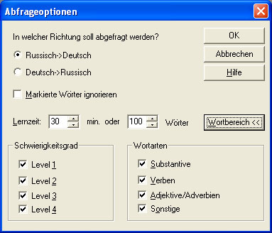 Abfrageoptionen bei Win Vokabel Russisch 5.0