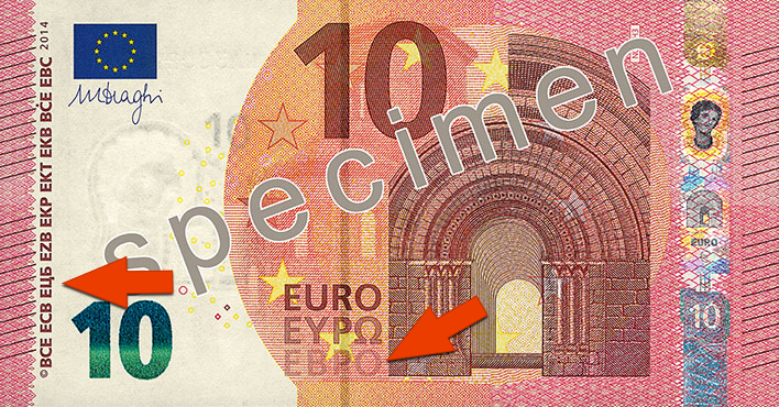 10 Euro Banknote mit Pfeilen zu Euro und EZB in kyrillischer Schrift