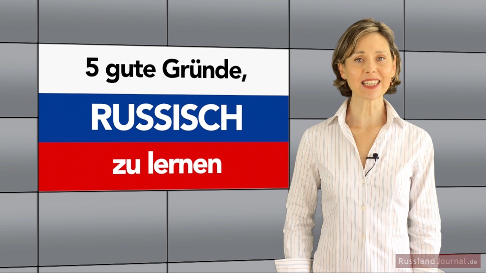 Russische Fahne mit der Schrift 5 gute Gründe, Russisch zu lernen