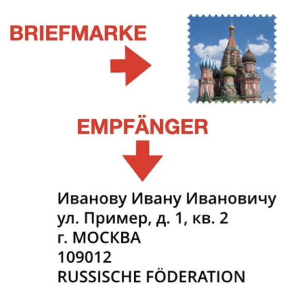 Brief nach Russland Ausschnitt mit Briefmarke und Empfänger