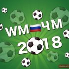 Fliegende Fußbälle auf grünem Hintergrund mit russischer Fahne und Aufschrift: WM=ЧМ 2018
