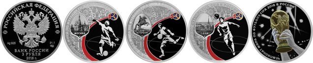 Eine Wertseite und vier Bildseiten der Silbermünzen zur Fußball-WM 2018 in Russland
