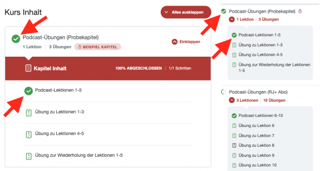 Kapitel und Lektionen mit grünem Checkmark