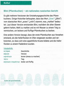 Deutsche Übersetzung und Vokabelhilfe des russischen Textes über Blini