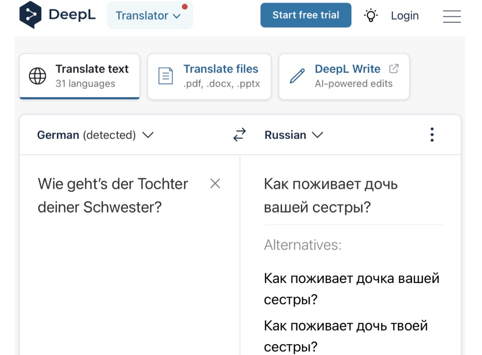 Wie geht’s der Tochter deiner Schwester, Übersetzung ins Russische von DeepL