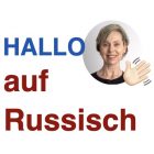 Hallo auf Russisch Gesicht mit winkender Hand