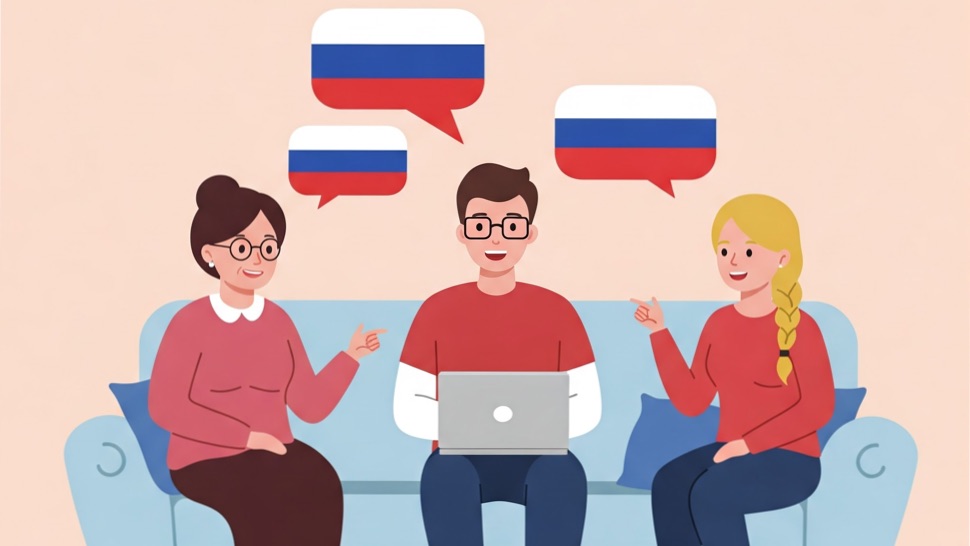 Zwei Frauen und ein Mann auf dem Sofa sprechen Russisch