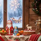 Väterchen Frost und Snegurotschka auf einem Tisch mit Samowar, Mandarinen und mit einer Ziege dekorierten Torte