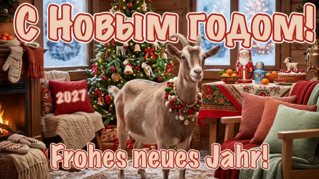 Silvester-Grußkarte zum Jahr der Ziege 2027 mit russischer Deko, und dem Text "Frohes neues Jahr" auf Deutsch und Russisch.